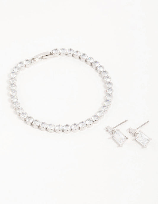Silver Diamante Rectangle Drop Earrings & Tennis Bracelet Set