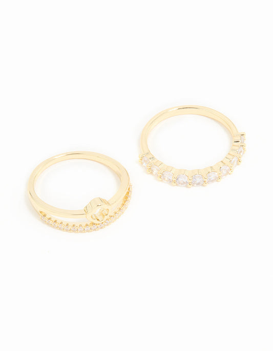 Gold Plated Cubic Zirconia Dainty Stacked Flower & Band Rings 2-Pack