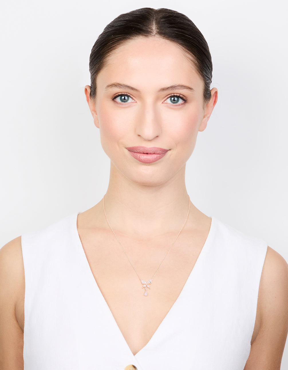 Rose Gold Plated Cubic Zirconia Butterfly Teardrop Pendant Necklace
