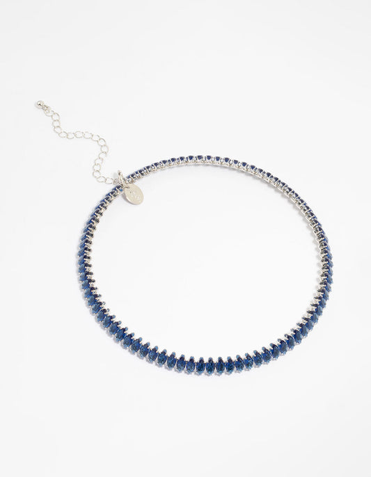 Silver Blue Cubic Zirconia Navette Choker Necklace