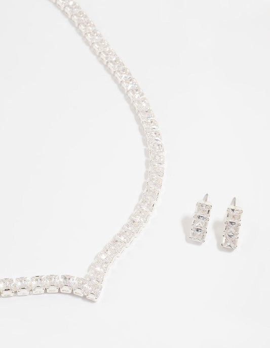 Silver Cubic Zirconia Thick V Necklace & Earrings Set
