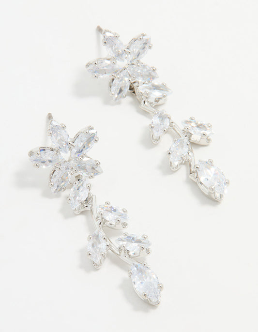 Silver Cubic Zirconia Flower Trail Drop Earrings