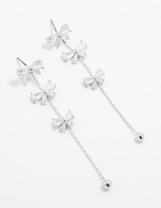 Silver Cubic Zirconia Mini Bow Drop Earrings