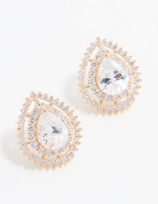 Gold Cubic Zirconia Sparkling Pear Stud Earrings