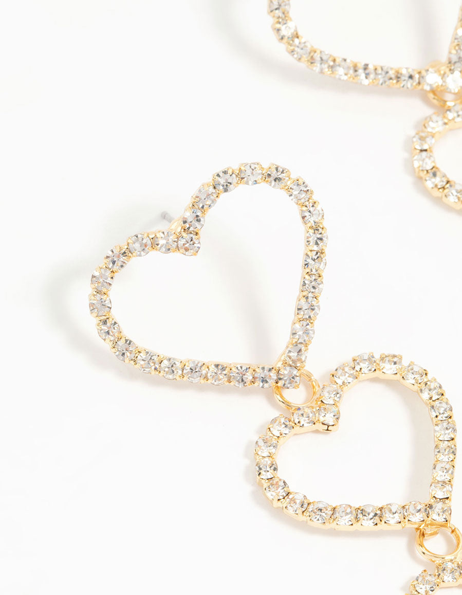 Gold Diamante Hearts Drop Earrings