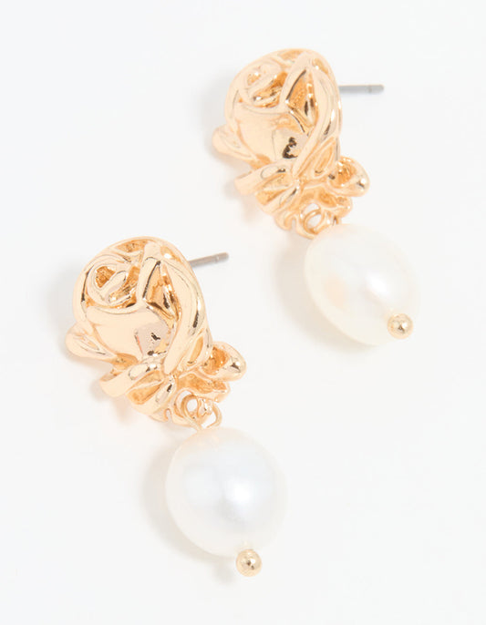 Gold Pearl Rose Drop Earrings