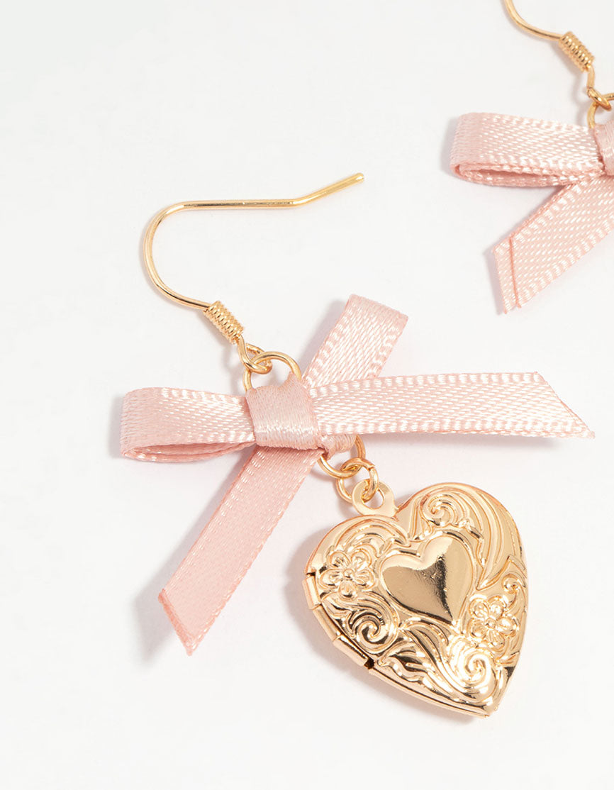 Gold Heart Locket & Pink Bow Drop Earrings
