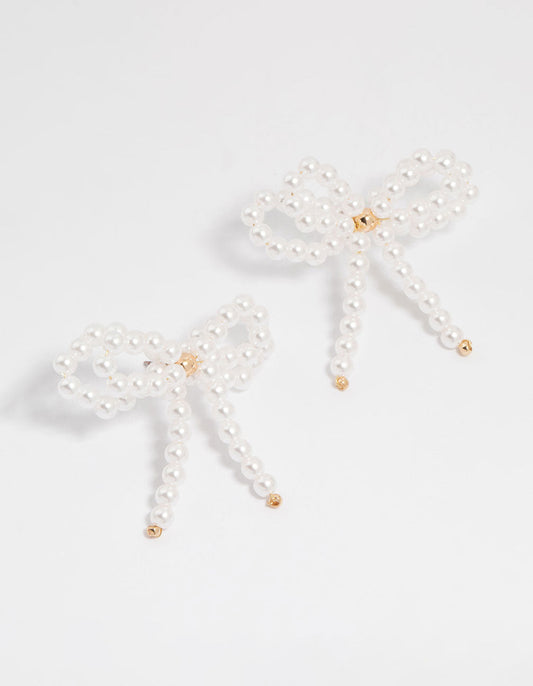 Gold Pearl Bow Stud Earrings