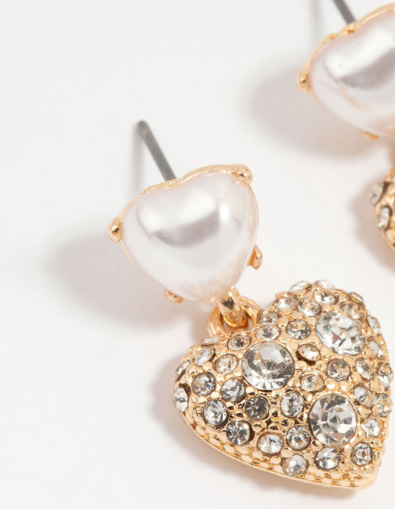Gold Diamante & Pearl Heart Drop Earrings