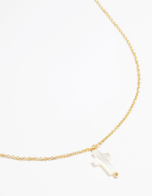 Gold Plated Mother Of Pearl Cross Pendant Necklace