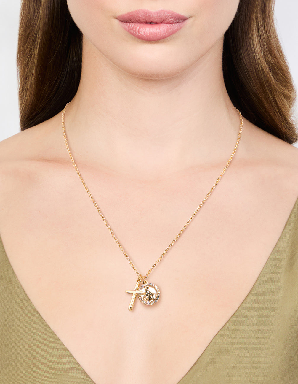 Gold Plated Cross & Mary Charm Necklace