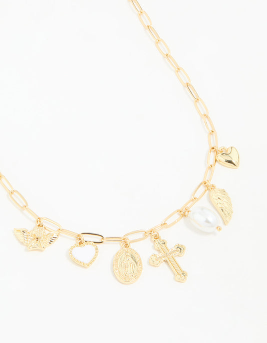 Gold Plated Cross & Pearl Charm Necklace