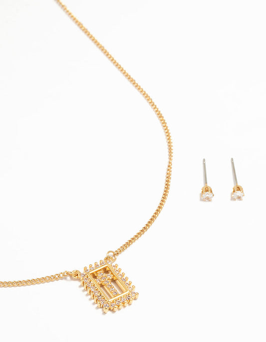 Gold Plated Cubic Zirconia Cross Necklace & Stud Earrings Set