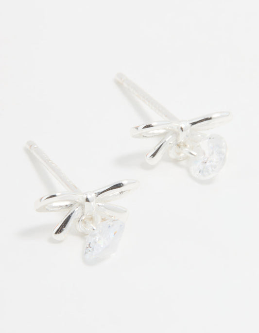 Sterling Silver Cubic Zirconia Bow & Drop Stud Earrings
