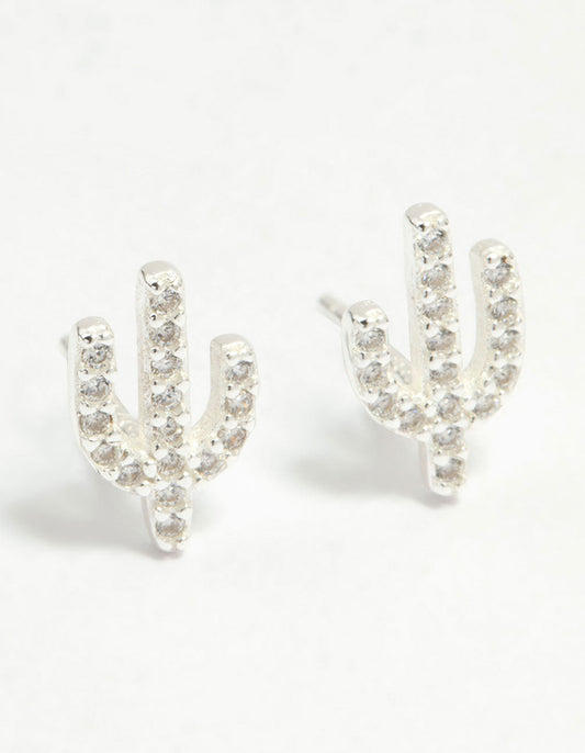 Sterling Silver Cubic Zirconia Pave Cactus Stud Earrings