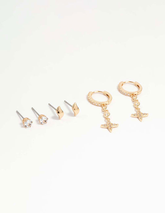 Gold Cubic Zirconia Cross & Stud Earrings 3-Pack