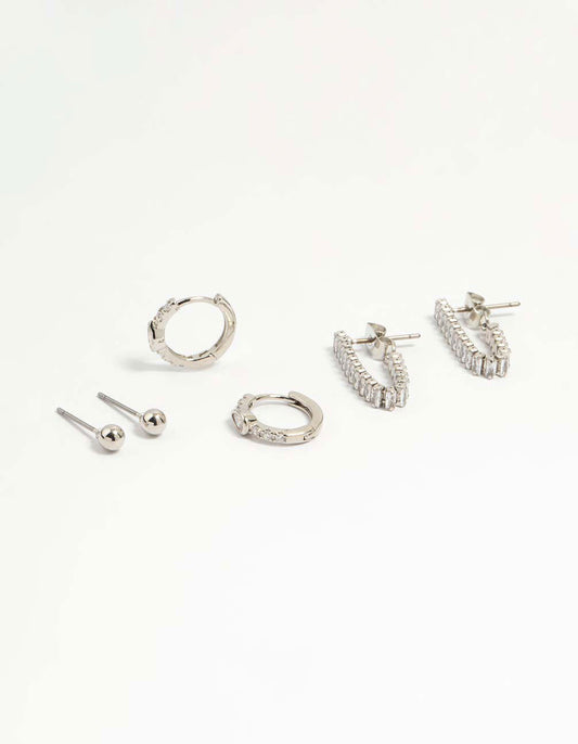Silver Cubic Zirconia Chain & Sleek Stud Earrings 3-Pack