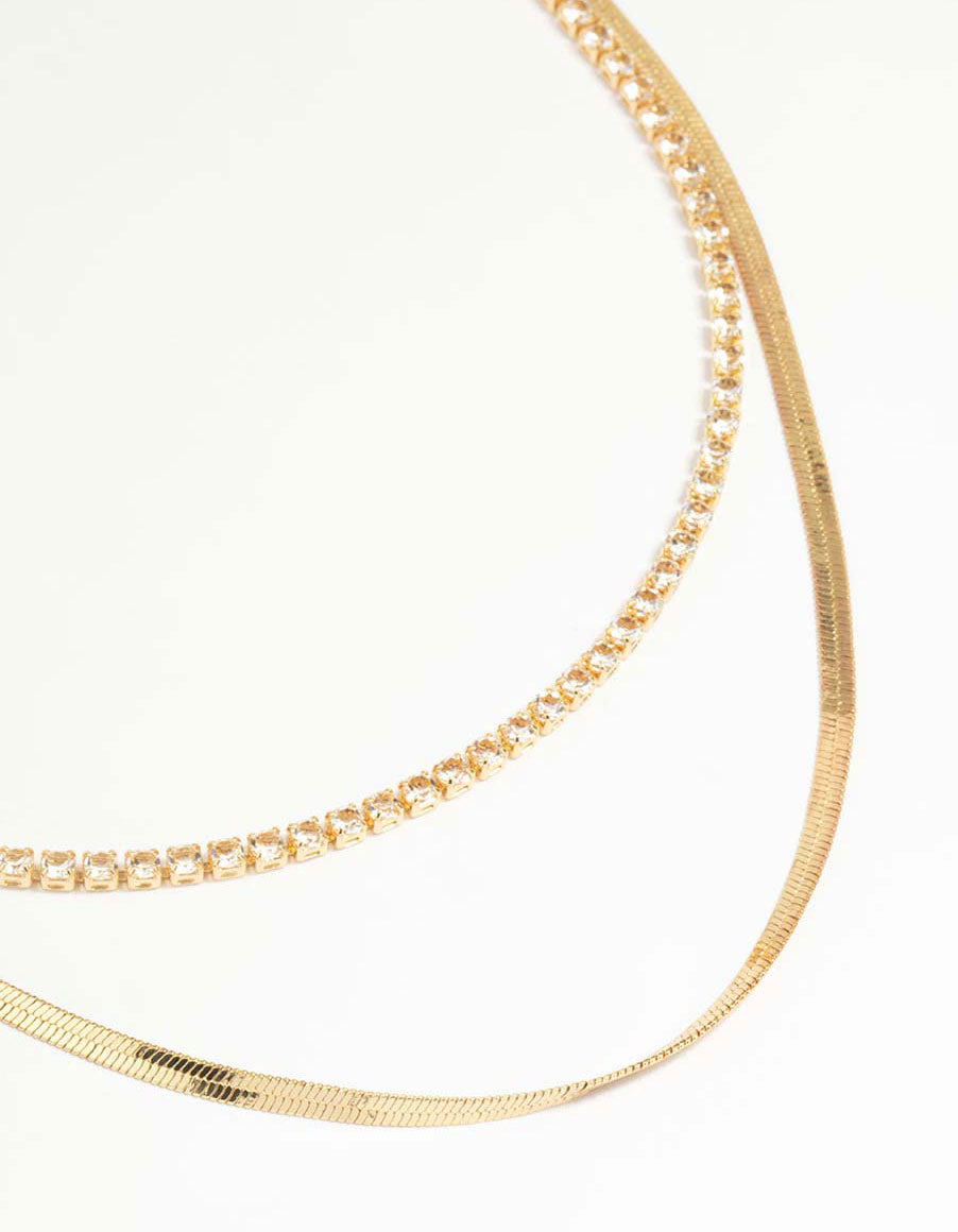 Gold Cubic Zirconia Diamante & Chain Layered Necklace