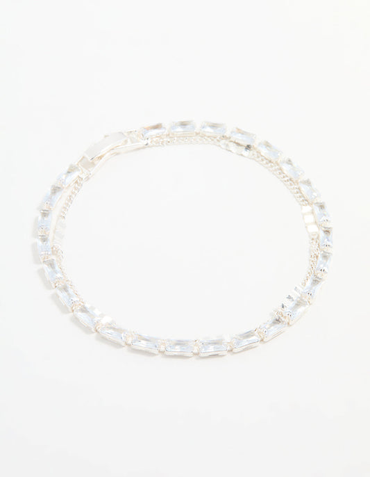 Silver Cubic Zirconia Diamante & Chain Bracelet