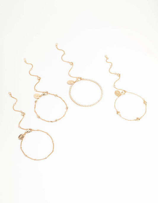 Gold Cubic Zirconia Heart Bracelet & Anklet 4-Pack