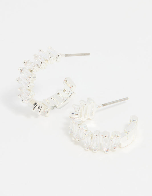Silver Plated Cubic Zirconia Baguette Hoop Earrings