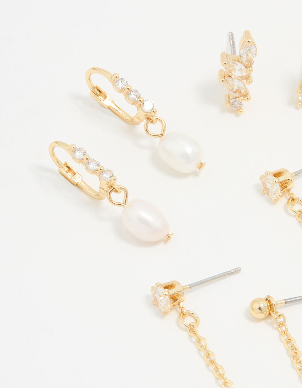 Gold Plated Cubic Zirconia Marquise Freshwater Pearl Earrings 3-Pack