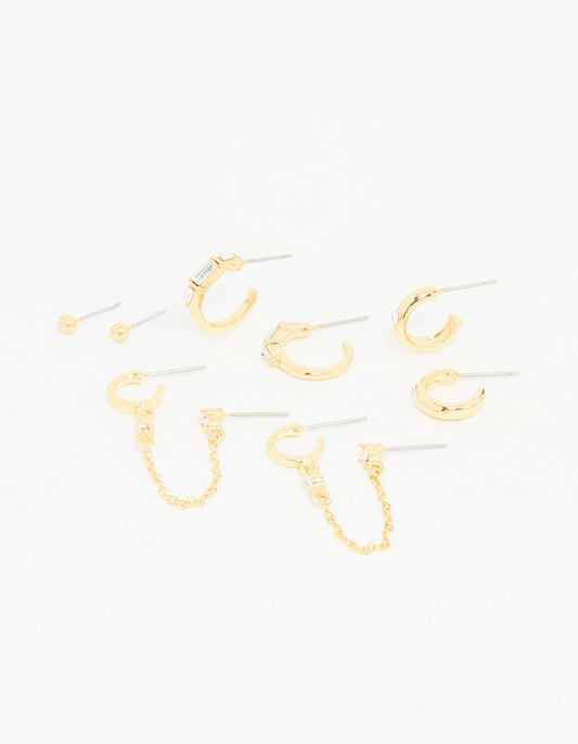 Gold Plated Diamante Hoop & Chain Drop Earrings 5-Pack