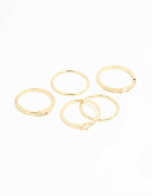 Gold Plated Cubic Zirconia & Plain Rings 5-Pack