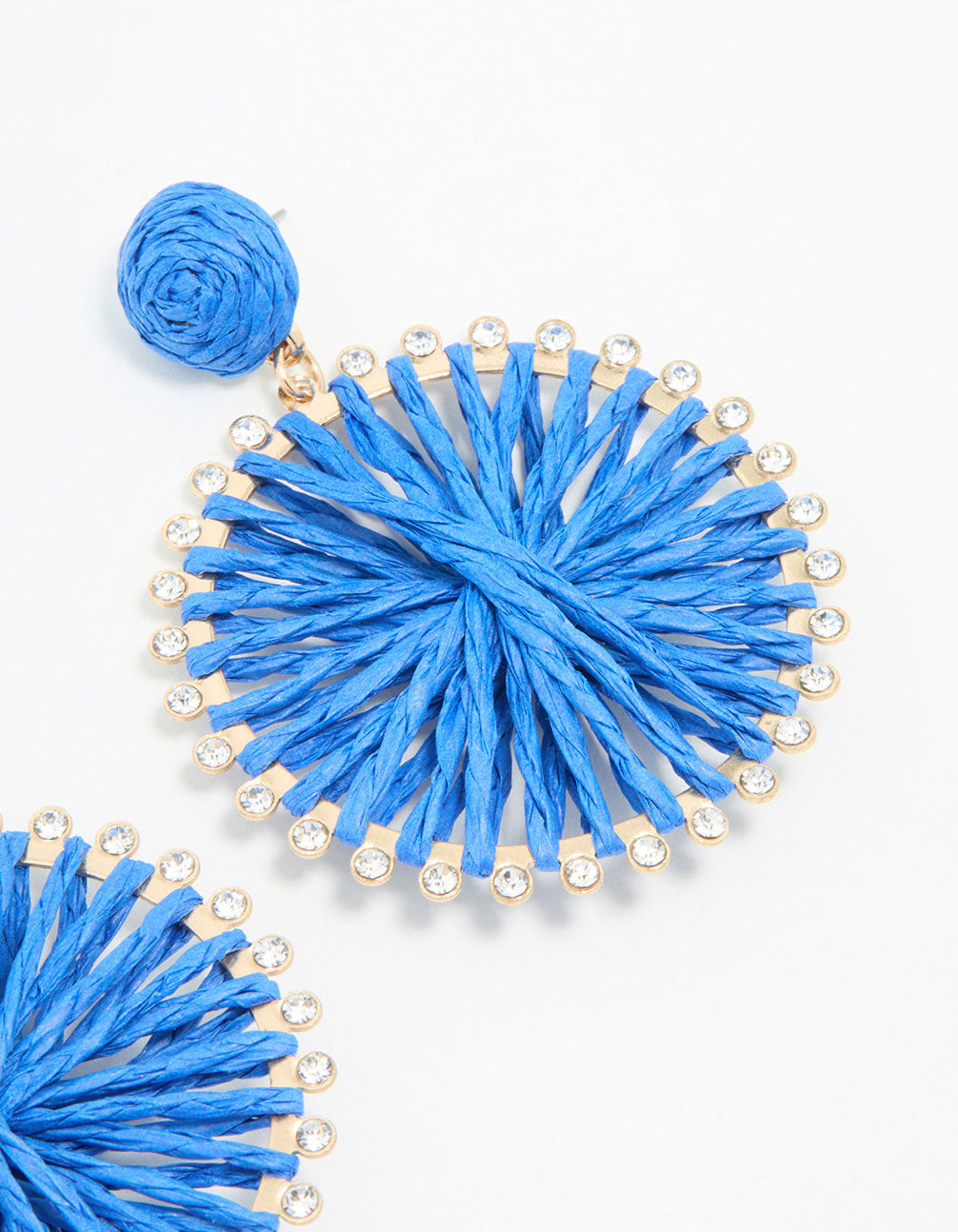 Blue Raffia Diamante Circle Drop Earrings