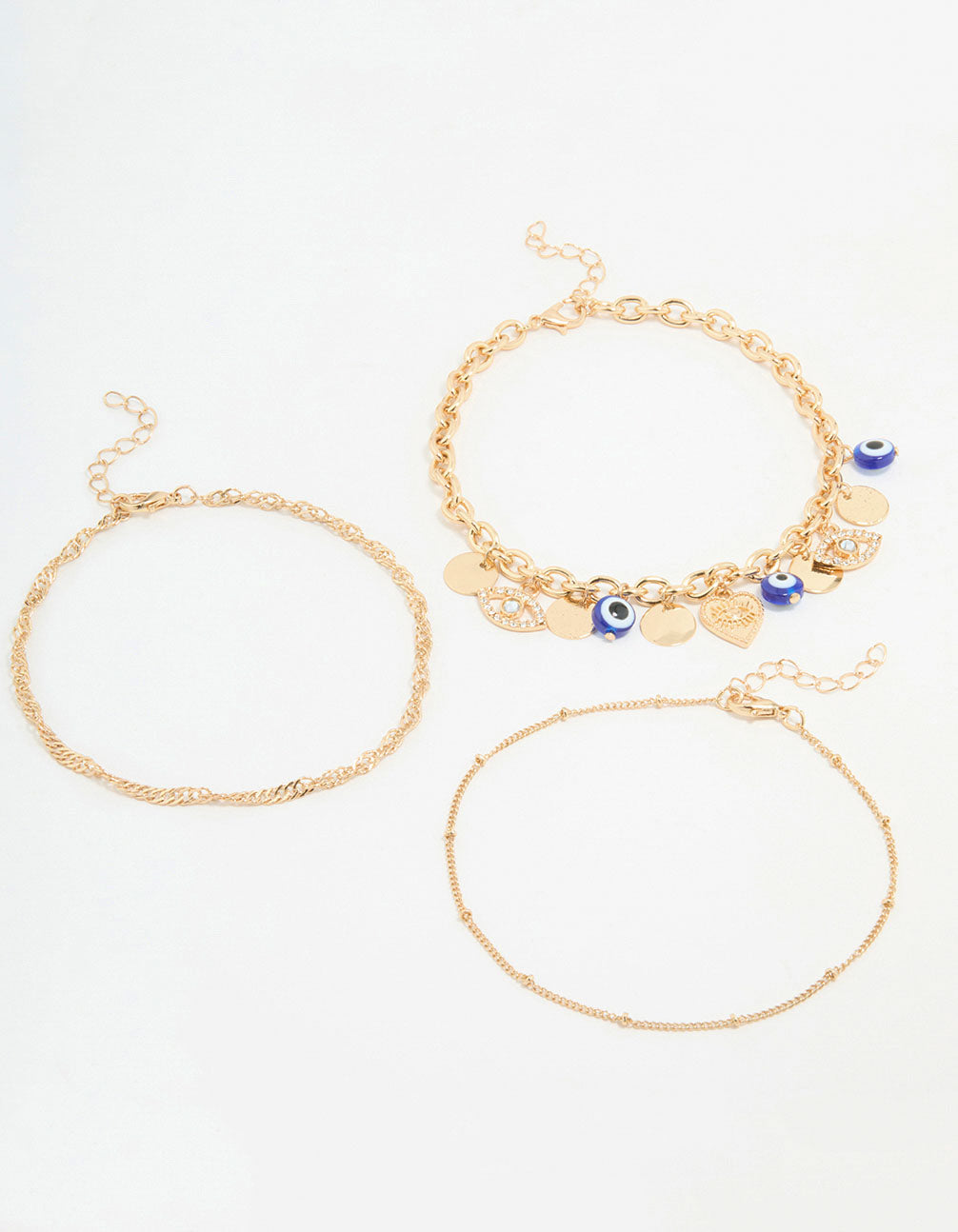 Gold Chain & Evil Eye Charm Bracelets 3-Pack