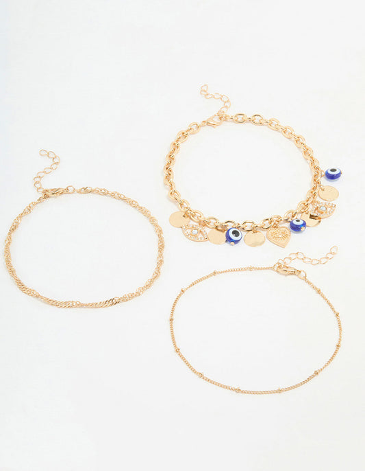 Gold Chain & Evil Eye Charm Bracelets 3-Pack