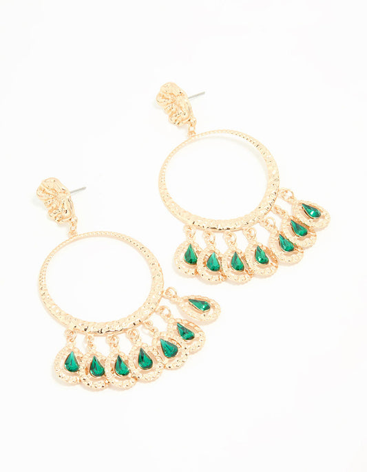 Gold Green Circle Drop Earrings