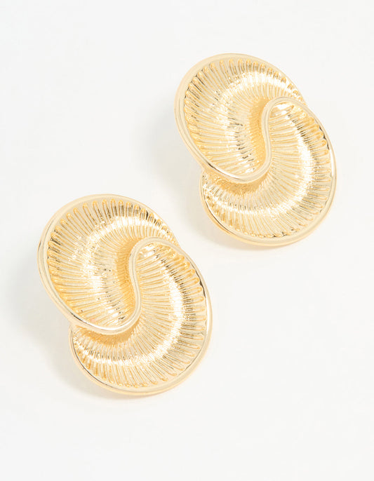 Gold Ribbed Swirl Small Stud Earrings