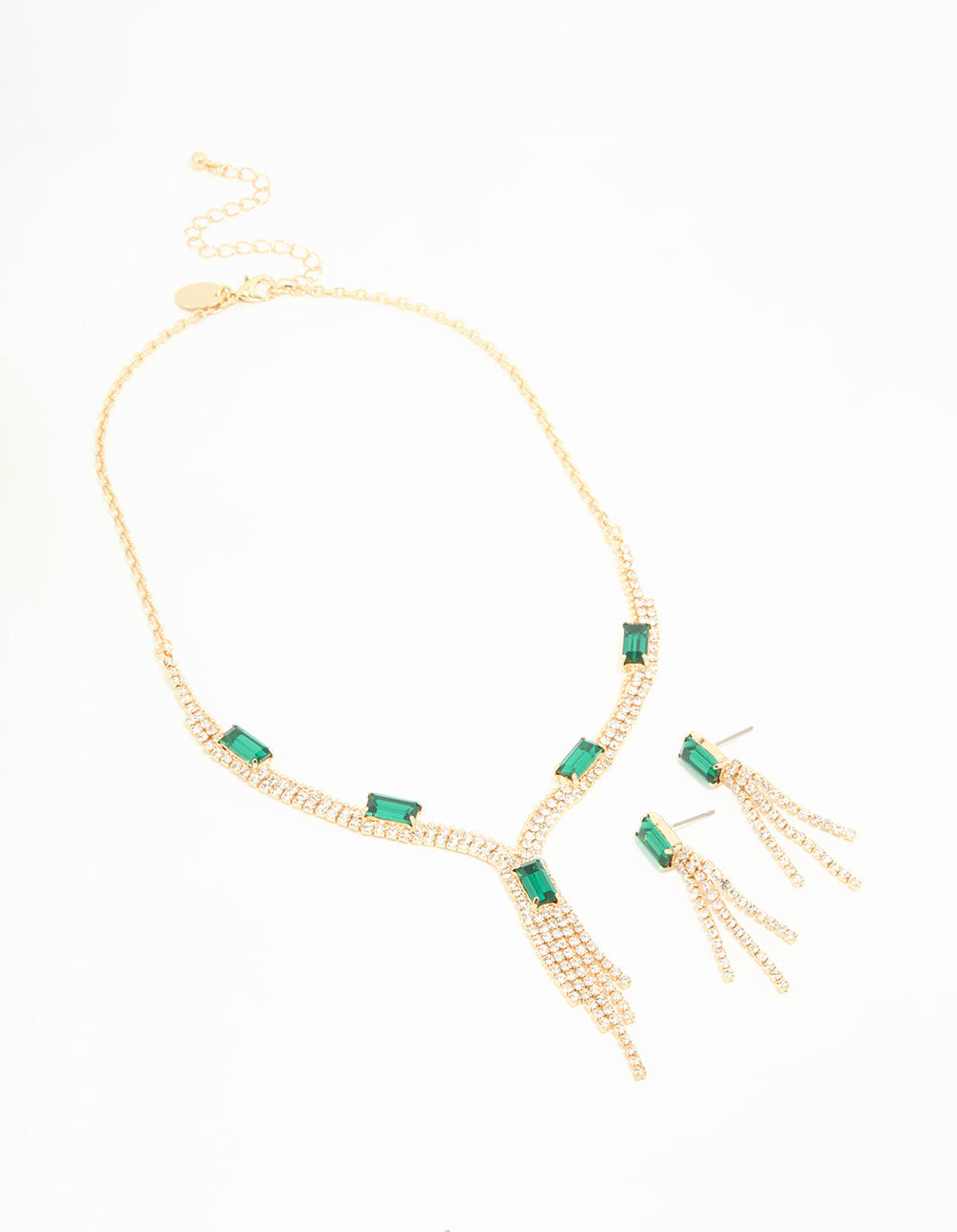 Gold Emerald Diamante Tassel Necklace & Earrings Set