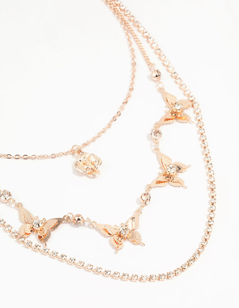 Rose Gold Butterfly & Flower Layered Necklace