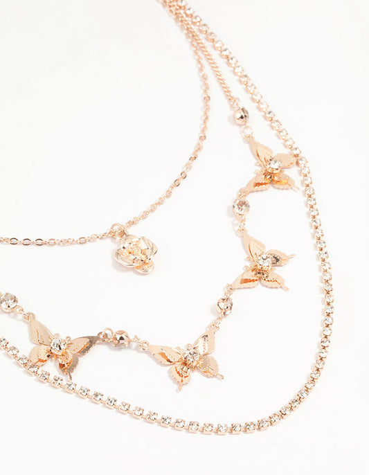 Rose Gold Butterfly & Flower Layered Necklace