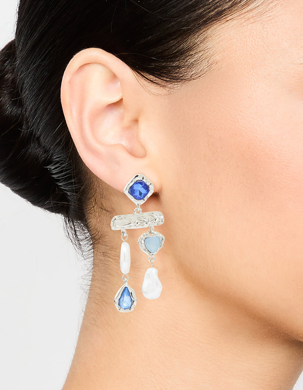 Silver Pearl Molten Blue Diamante Drop Earrings