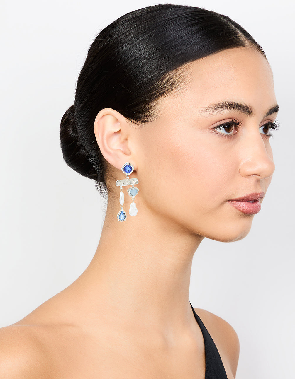Silver Pearl Molten Blue Diamante Drop Earrings
