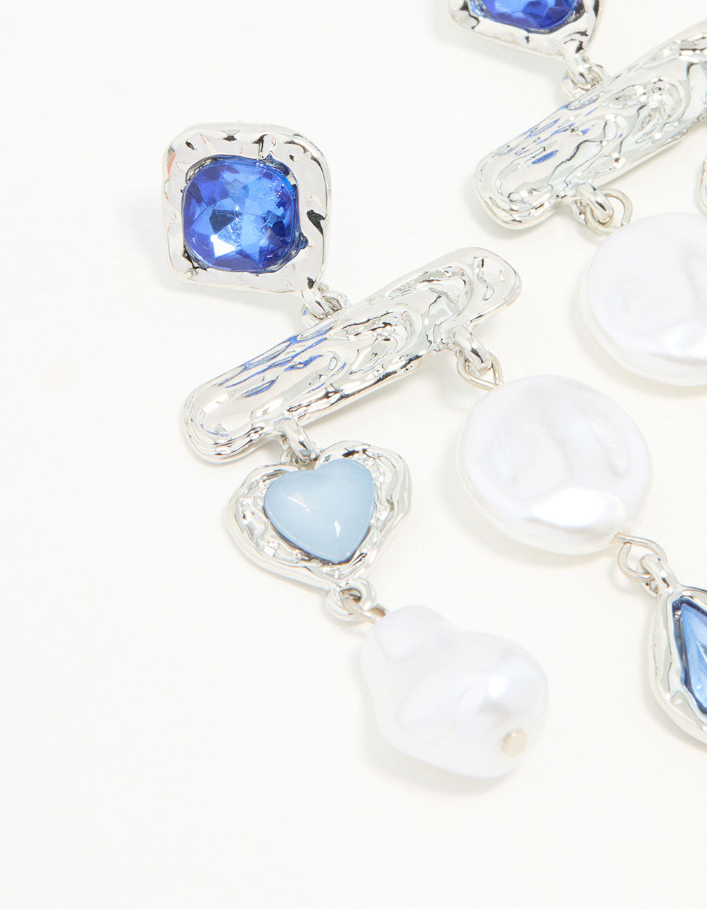 Silver Pearl Molten Blue Diamante Drop Earrings