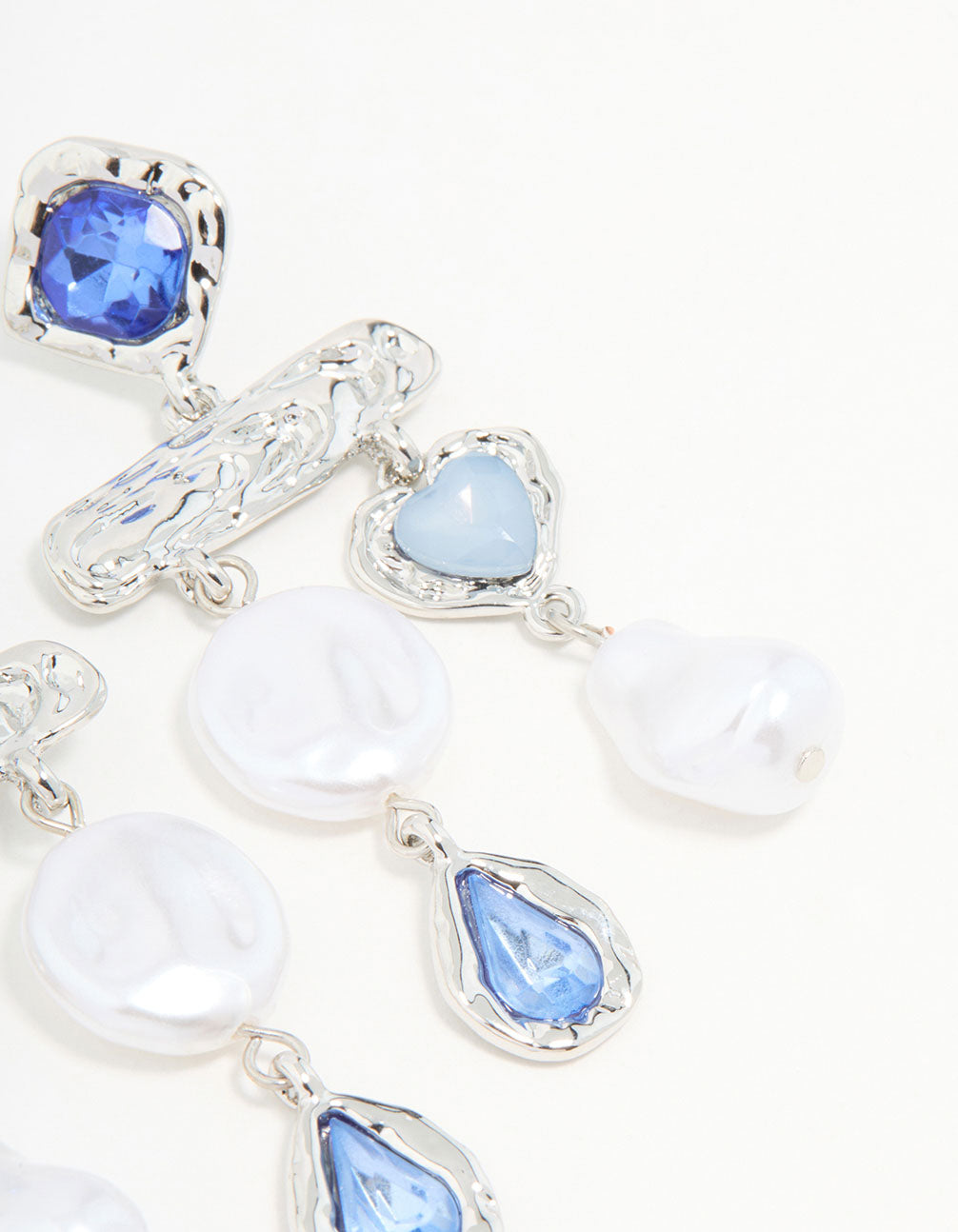 Silver Pearl Molten Blue Diamante Drop Earrings