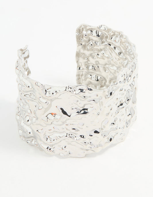 Silver Molten Wide Textured Wrist Cuff