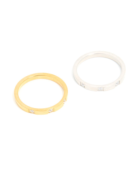 Waterproof Mixed Stainless Steel Cubic Zirconia Rings 2-Pack