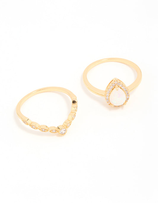 Gold Plated Cubic Zirconia Pear & Dainty Pointed Stacking Rings 2-Pack