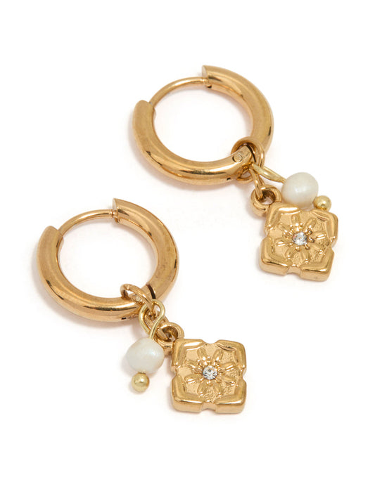 Waterproof Gold Plated Stainless Steel Flower Drop Huggie Earrings