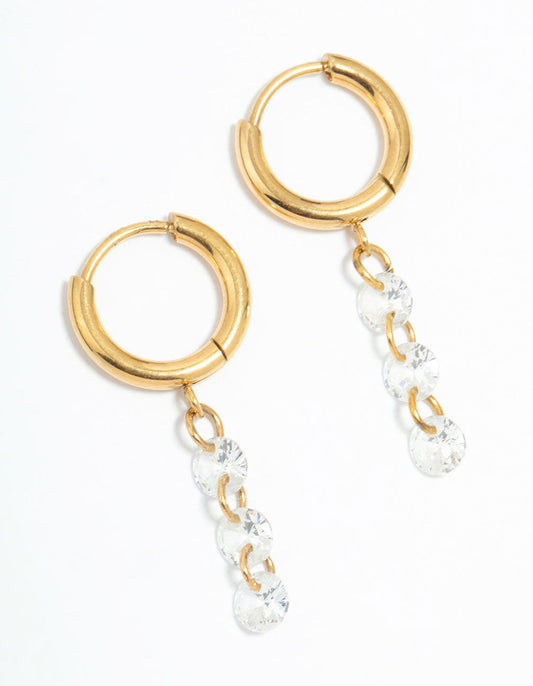 Waterproof Gold Plated Stainless Steel Cubic Zirconia Droplet Huggie Earrings