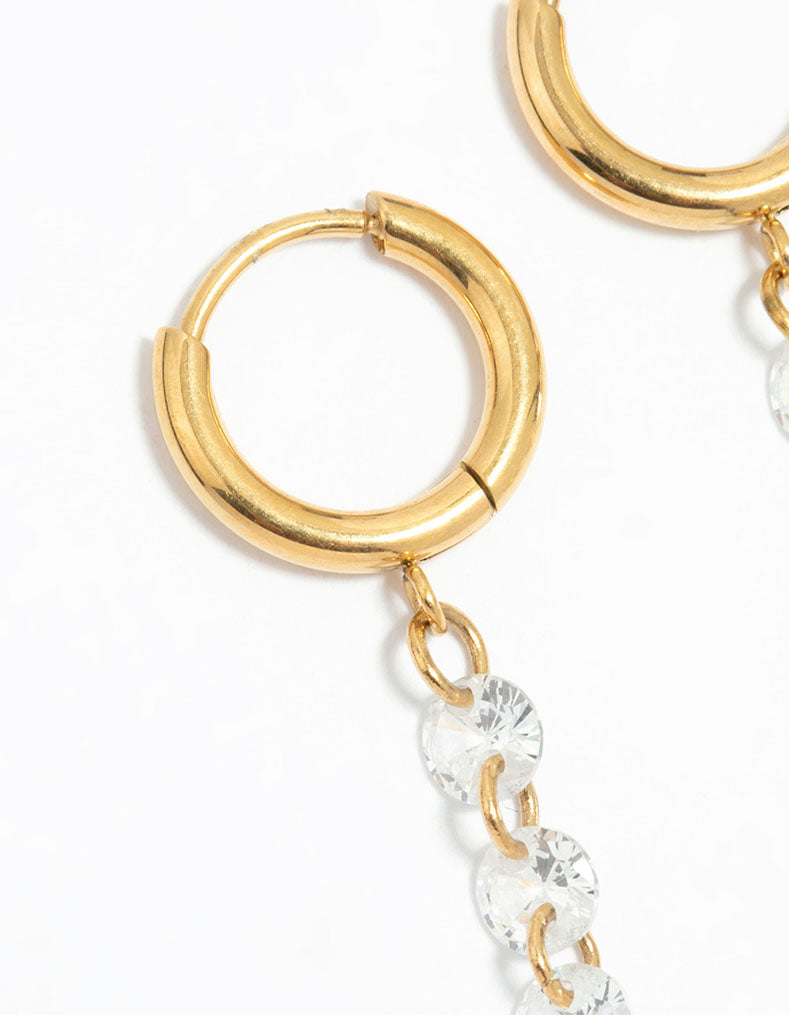 Waterproof Gold Plated Stainless Steel Cubic Zirconia Droplet Huggie Earrings
