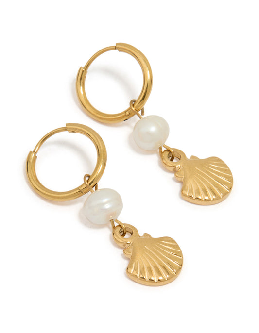 Waterproof Gold Plated Stainless Steel Pearl Shell Drop Huggie Earrings