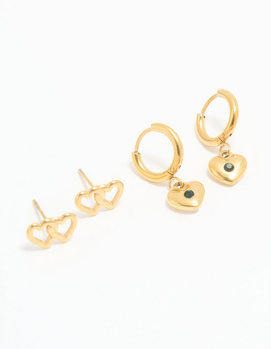Waterproof Gold Plated Stainless Steel Heart Stud & Huggie Earrings 2-Pack