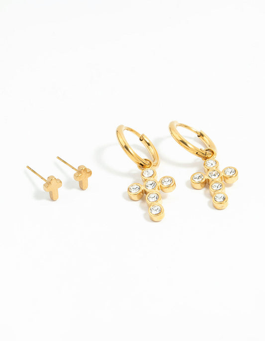Waterproof Gold Plated Stainless Steel Diamante Cross Earrings 2-Pack