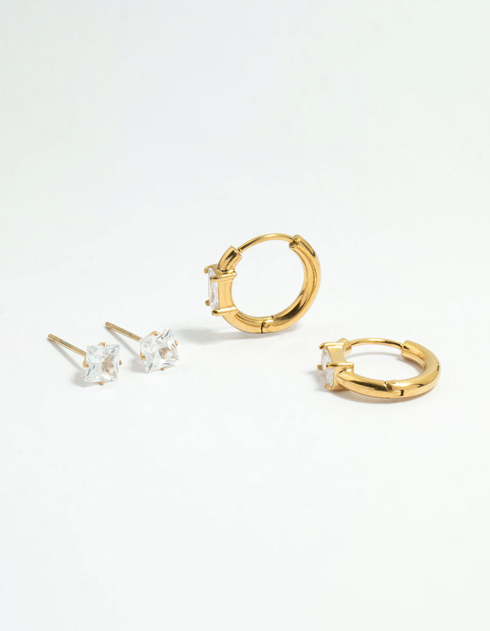 Waterproof Gold Plated Stainless Steel Cubic Zirconia Stud & Huggie Earrings 2-Pack